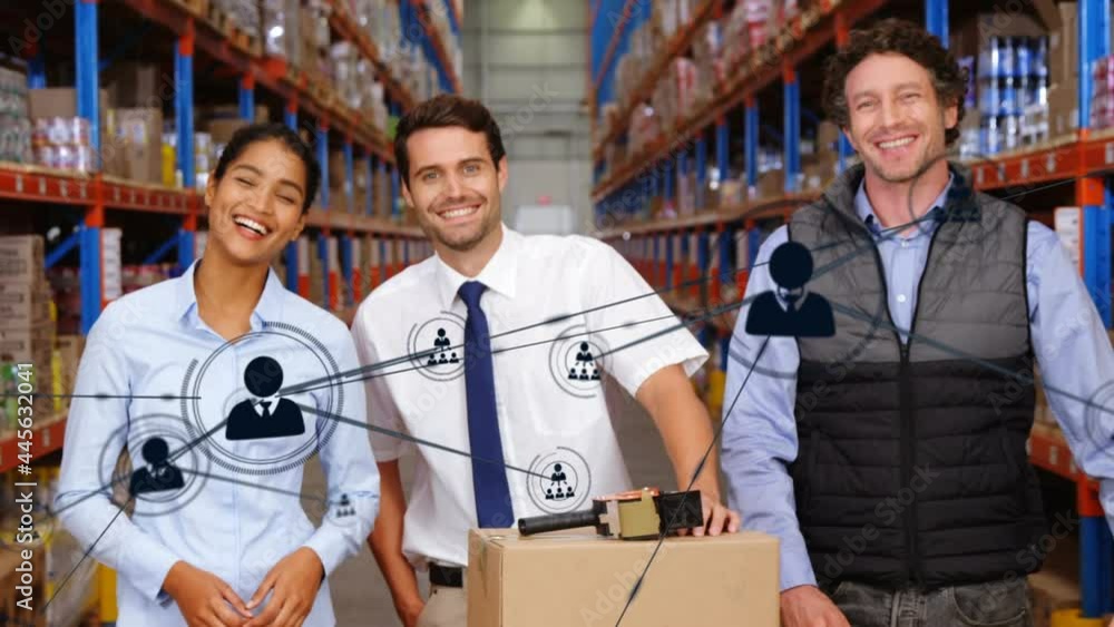 Animation of network of people icons over friendly staff working at storage warehouse Animation of network of people icons over friendly staff working at storage warehouse