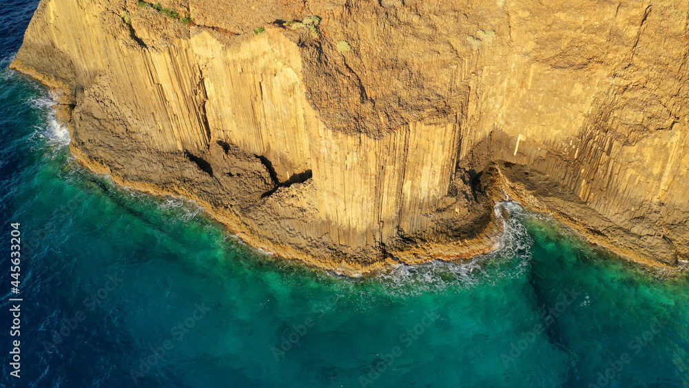 Aerial drone photo of unique rocky volcanic Glaronisia or Sea Gull islets formed thousand years ago creating a beautiful stone arch in island of Milos, Cyclades, Greece