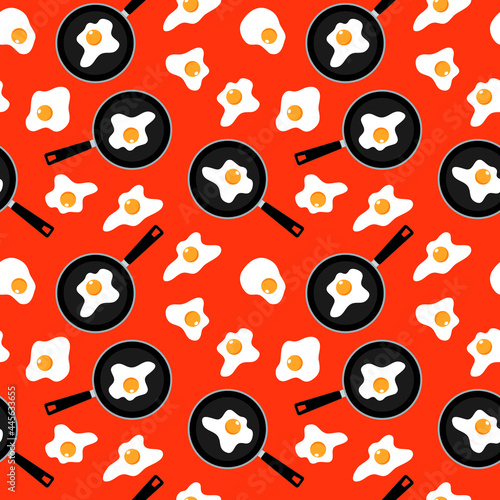 Fried egg in a frying pan on orange background. Vector illustration.