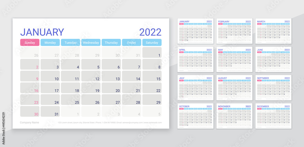 Calendar for 2022 year. Planner template. Week starts Sunday. Vector. Monthly calender organizer with 12 month. Table schedule grid. Corporate yearly diary layout. Horizontal simple illustration. Calendar for 2022 year. Planner template. Week starts Sunday. Vector. Monthly calender organizer with 12 month. Table schedule grid. Corporate yearly diary layout. Horizontal simple illustration.
