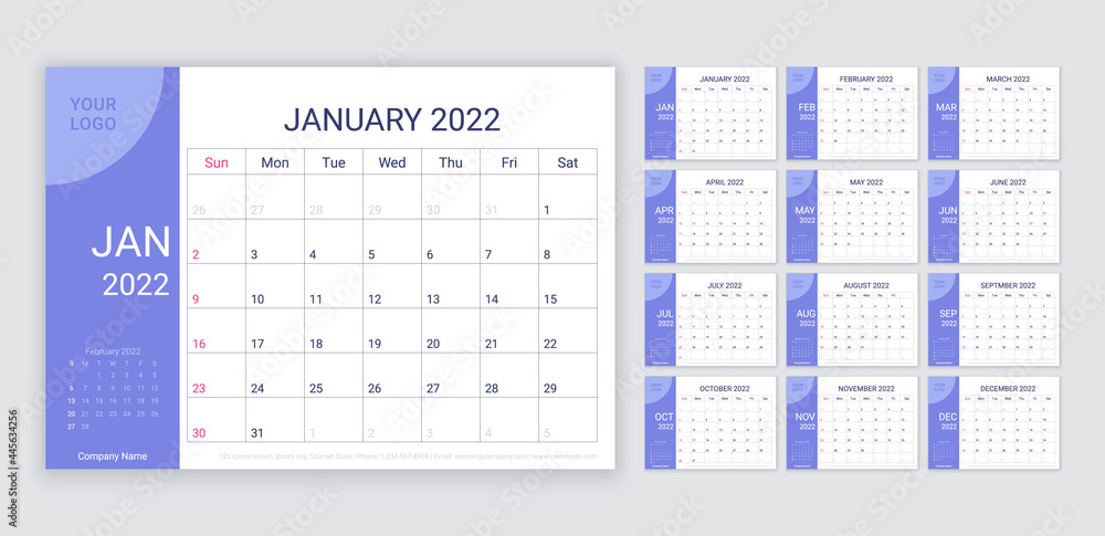 2022 Calendar planner template. Week starts Sunday. Monthly calender organizer. Vector. Table schedule grid with 12 month. Corporate yearly diary layout. Horizontal simple illustration. 2022 Calendar planner template. Week starts Sunday. Monthly calender organizer. Vector. Table schedule grid with 12 month. Corporate yearly diary layout. Horizontal simple illustration.