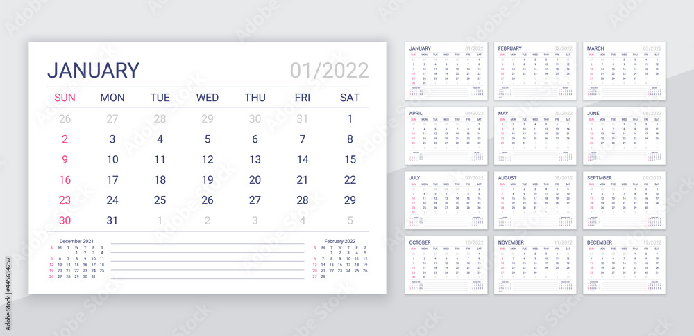 2022 Calendar. Table calender template. Monthly planner organizer. Week starts Sunday. Vector. Schedule grid with 12 month. Corporate yearly diary layout. Horizontal planer. Simple illustration. 2022 Calendar. Table calender template. Monthly planner organizer. Week starts Sunday. Vector. Schedule grid with 12 month. Corporate yearly diary layout. Horizontal planer. Simple illustration.