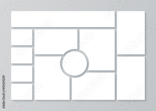 Collage template. Moodboard grid. Mood board banner. Montage photo images. Mosaic pictures album layout. Photomontage frames with circle. Horizontal design gallery mockup. Vector illustration.