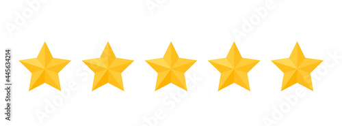 Five stars rating review. 5 yellow rate feedback icons. Product evaluation rank isolated on white background. Satisfaction golden mark. Appraisal system quality for customer. Vector illustration.