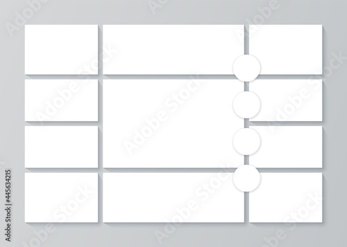 Moodboard template. Collage grid. Vector. Mood board banner. Montage photo images. Mosaic pictures album layout. Photomontage frames with circles. Horizontal design gallery mockup. Simple illustration