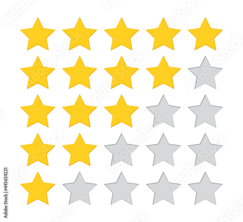 5 star rate. Five review icons. Yellow  gray feedback rating signs. Satisfaction golden mark. Product evaluation rank isolated on white background. Appraisal system quality. Vector illustration.