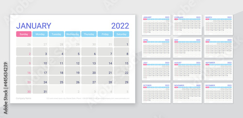 Calendar for 2022 year. Planner template. Week starts Sunday. Vector. Monthly calender organizer with 12 month. Table schedule grid. Corporate yearly diary layout. Horizontal simple illustration.
