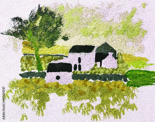 Grün-olive Landschaft mit weißen Häusern, Illustration