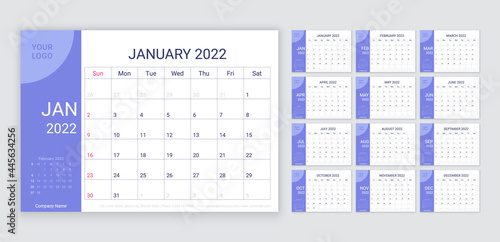 2022 Calendar planner template. Week starts Sunday. Monthly calender organizer. Vector. Table schedule grid with 12 month. Corporate yearly diary layout. Horizontal simple illustration.