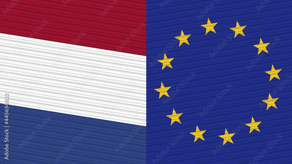 European Union and Canada Two Half Flags Together Fabric Texture Illustration European Union and Canada Two Half Flags Together Fabric Texture Illustration