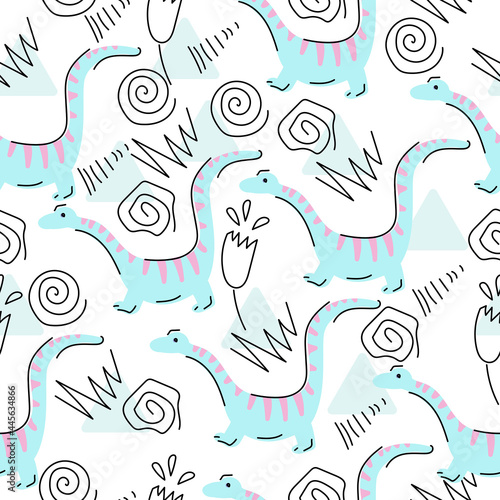 Cute pattern with diplodocus and linear doodles, cartoon blue dinosaurs on white background