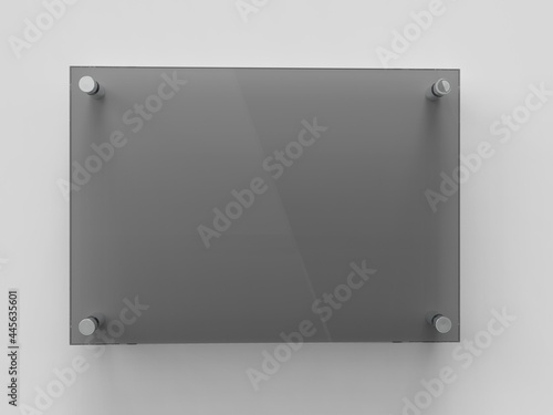 Blank A4 black transparent glass office corporate Signage plate Template, Clear Printing Board For Branding, Logo. Transparent acrylic advertising signboard mockup front view. 3D rendering