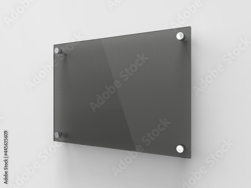 Blank A4 black transparent glass office corporate Signage plate Template, Clear Printing Board For Branding, Logo. Transparent acrylic advertising signboard mockup side view. 3D rendering