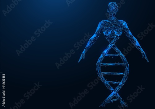 The upper part of the woman's body is connected to the DNA helix. Polygonal construction of lines and points. Blue background.