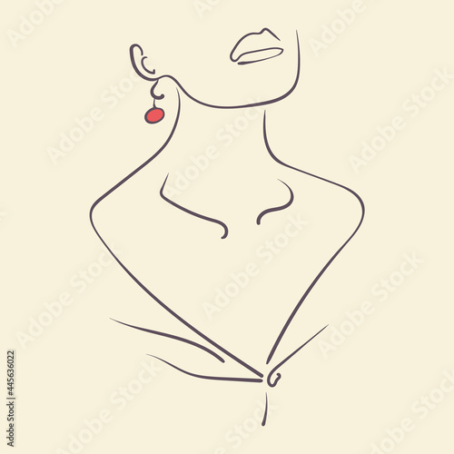 Logo symbol design with woman line art portrait and red earring. Unique jewelry icon layout for beauty and fashion business. Vector illustration.