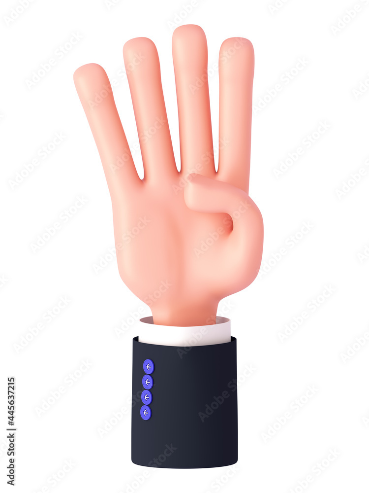 3d render, cartoon hand with a sleeve shows four fingers. Finger counting gesture. Isolated on white background 3d render, cartoon hand with a sleeve shows four fingers. Finger counting gesture. Isolated on white background