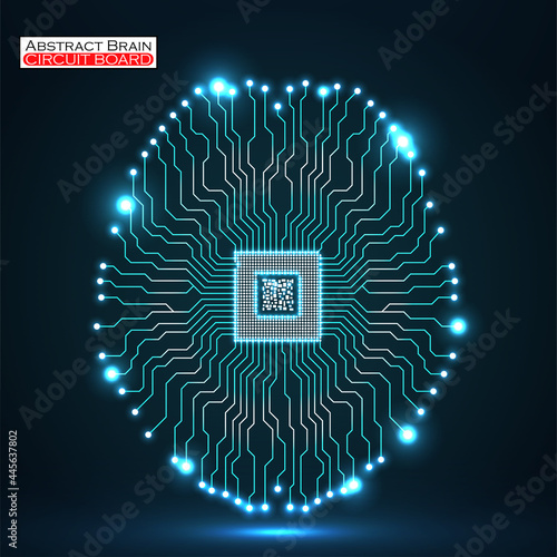 Abstract neon technological brain, artificial intelligence with cpu, circuit board. Vector illustration