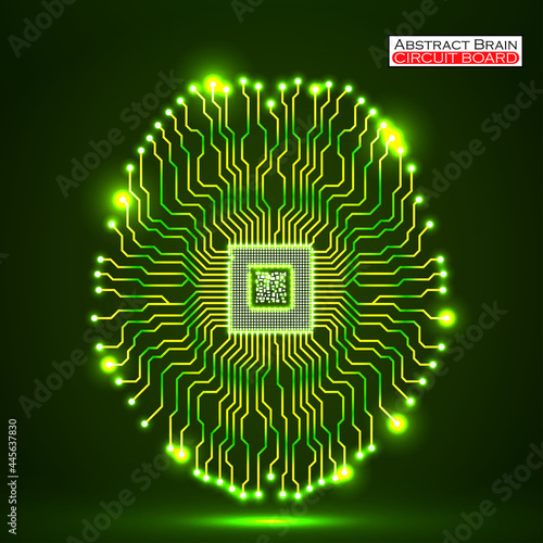 Abstract neon technological brain, artificial intelligence with cpu, circuit board. Vector illustration