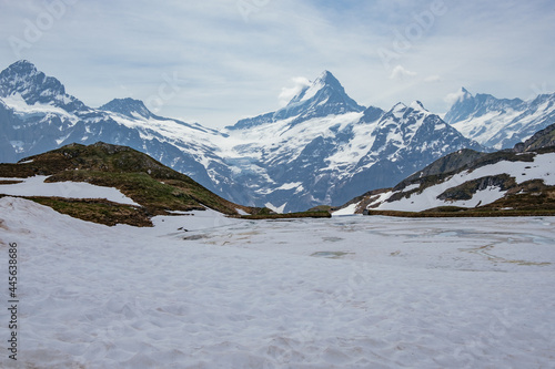 Panoramic View of the Frozen Lake Bachalpsee in the Summer - First, Grindelwald, Switzerland - Swiss Alps Mountains - Jungrau Region, Bernese Oberland photo