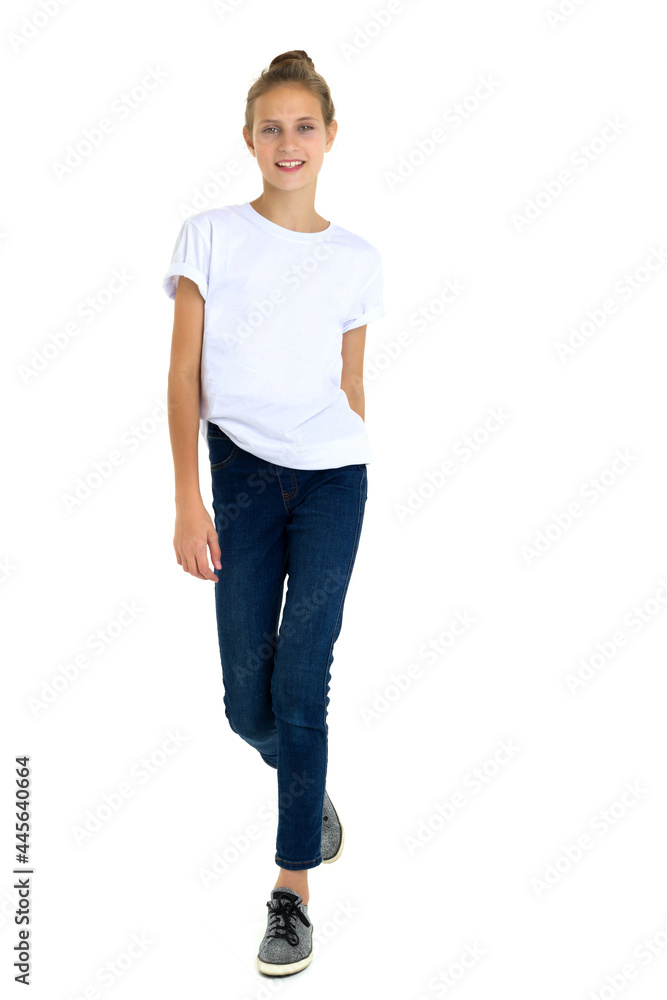 Happy girl standing against white background. isolated on white background. Happy girl standing against white background. isolated on white background.