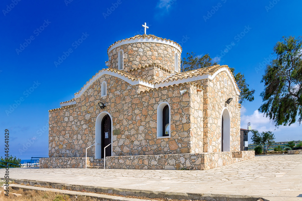 Cyprus, Protaras - 22 June 2021. Church of Saint Elias(Ayios Ilias,  Profitis Elias). An ancient 14th-century Orthodox church on top of a small mountain, overlooking the whole village.