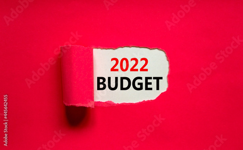 2022 budget new year symbol. Words '2022 budget' appearing behind torn purple paper. Beautiful purple background. Business, 2022 budget new year concept, copy space.