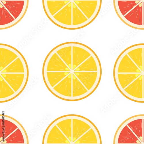 Citrus seamless pattern with round flat slices of orange and grapefruit. On white background. Good for fabric, paper, wallpaper, tableware.