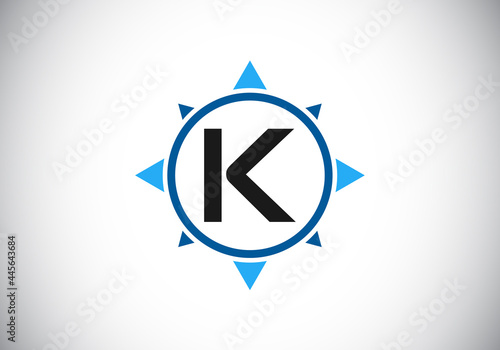 Initial K monogram letter alphabet in a compass. Font emblem. Compass logo sign symbol. Modern vector logo design for business and company identity.