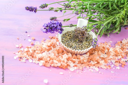 Lavender essential oil and bath salt  . natural cosmetics background photo