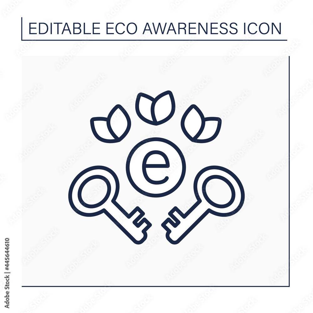 Eco-labeling line icon. Green key labeling eco friendly hotels, restaurants, supermarkets. Environment protection organization.Eco awareness concept. Isolated vector illustration. Editable stroke Eco-labeling line icon. Green key labeling eco friendly hotels, restaurants, supermarkets. Environment protection organization.Eco awareness concept. Isolated vector illustration. Editable stroke