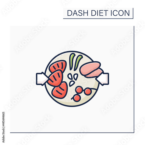 Healthy food color icon. Steaks with goulash sauce, sweet potatoes fries and vegetables on plate. Balanced nutrition. Small portion. Dash diet concept. Isolated vector illustration
