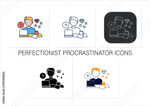 Perfectionist procrastinator icons set. Set large, unattainable goals. Tired to solve tasks.Procrastination concept.Collection of icons in linear, filled, color styles.Isolated vector illustrations