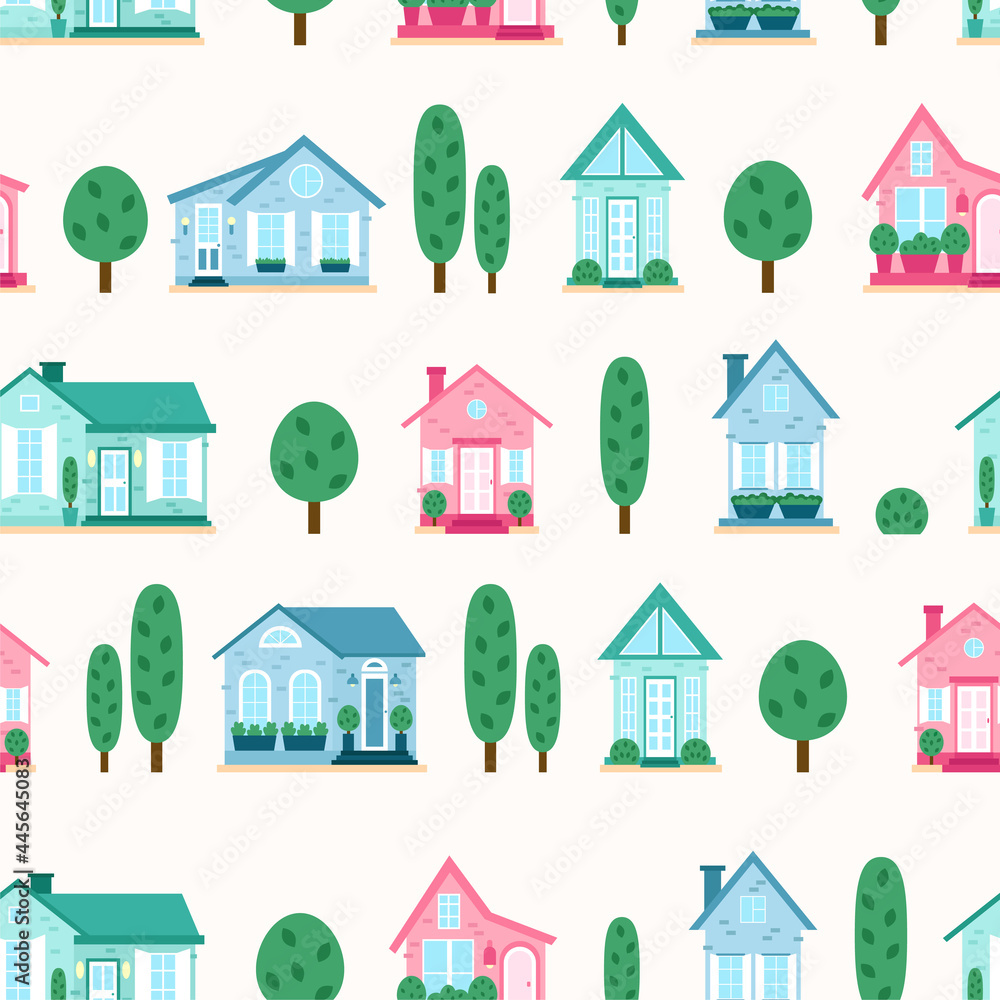 Seamless pattern of cute houses in flat style.