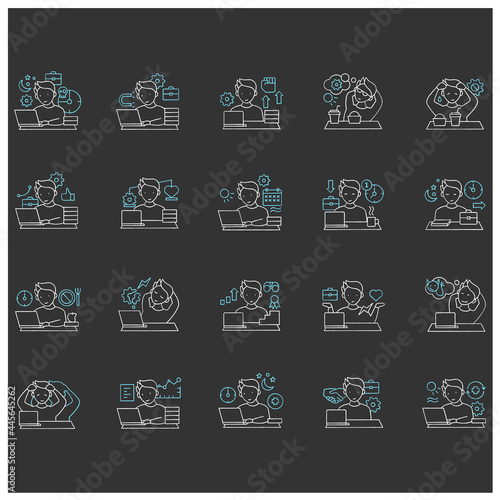 Workaholic chalk icons set. Workaholism prevention and consequences. Workaholism treatment, ethic and dilemma.Overworking concept. Isolated vector illustrations on chalkboard