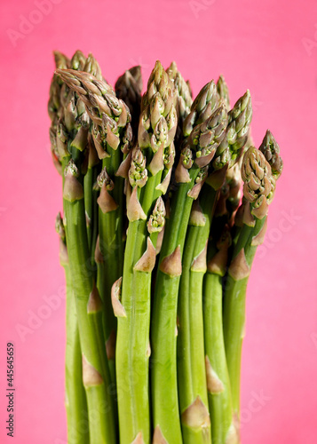 the stems of raw green asparagus stand on a pink background. side view . green low-calorie vegetables