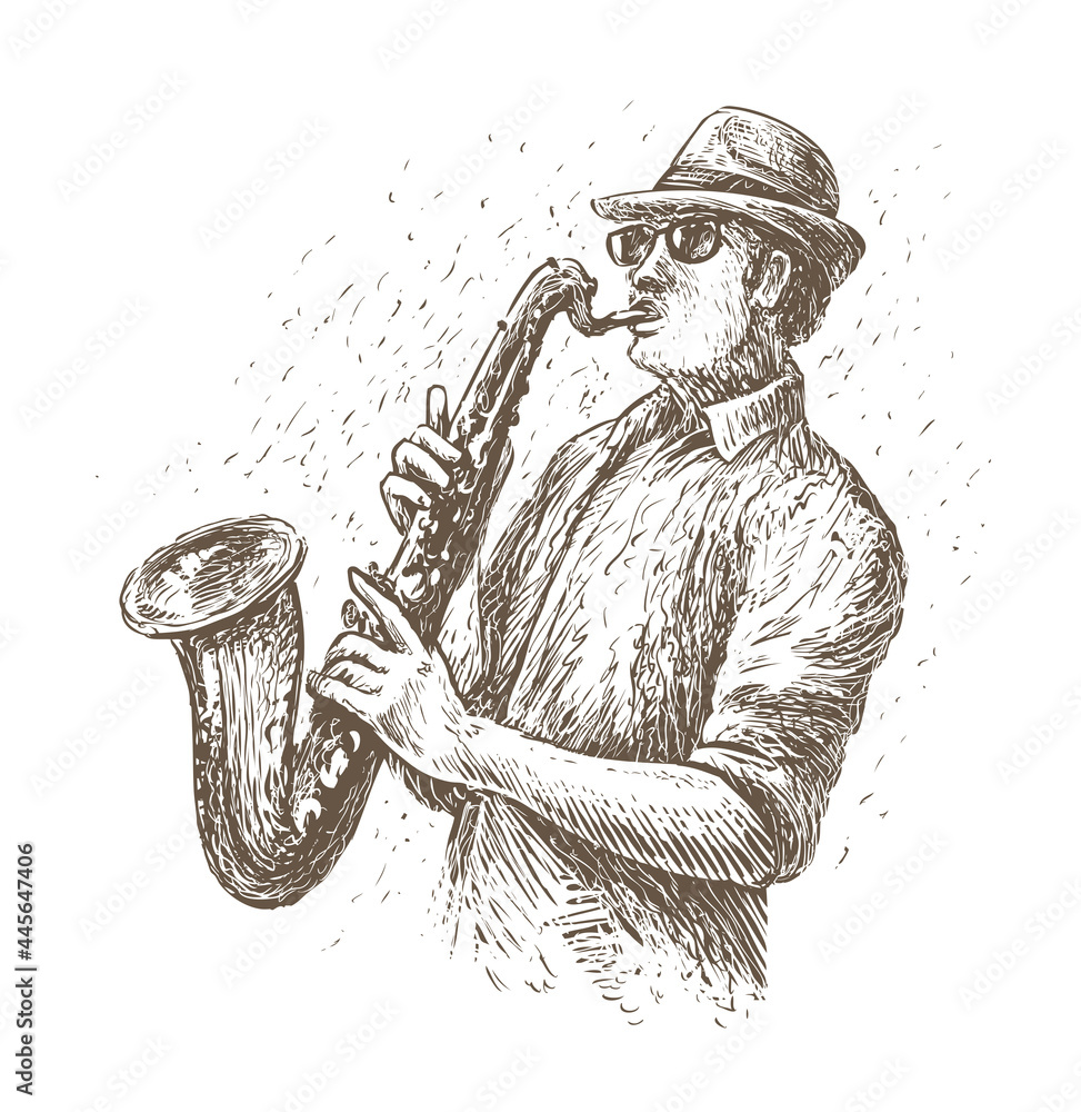 Saxophone hand drawn sketch retro design. Classical jazz music instrument  in cartoon isolated. Wind musical tool concept. Vector illustration in  vintage engraved style on white background 2734745 Vector Art at Vecteezy
