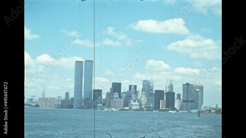 Old Twin Towers skyscrapers of New York city. Panorama from a boat tour on Hudson river of Manhattan Upper Bay of New York City in 1976. Archival of Manhattan skyline.