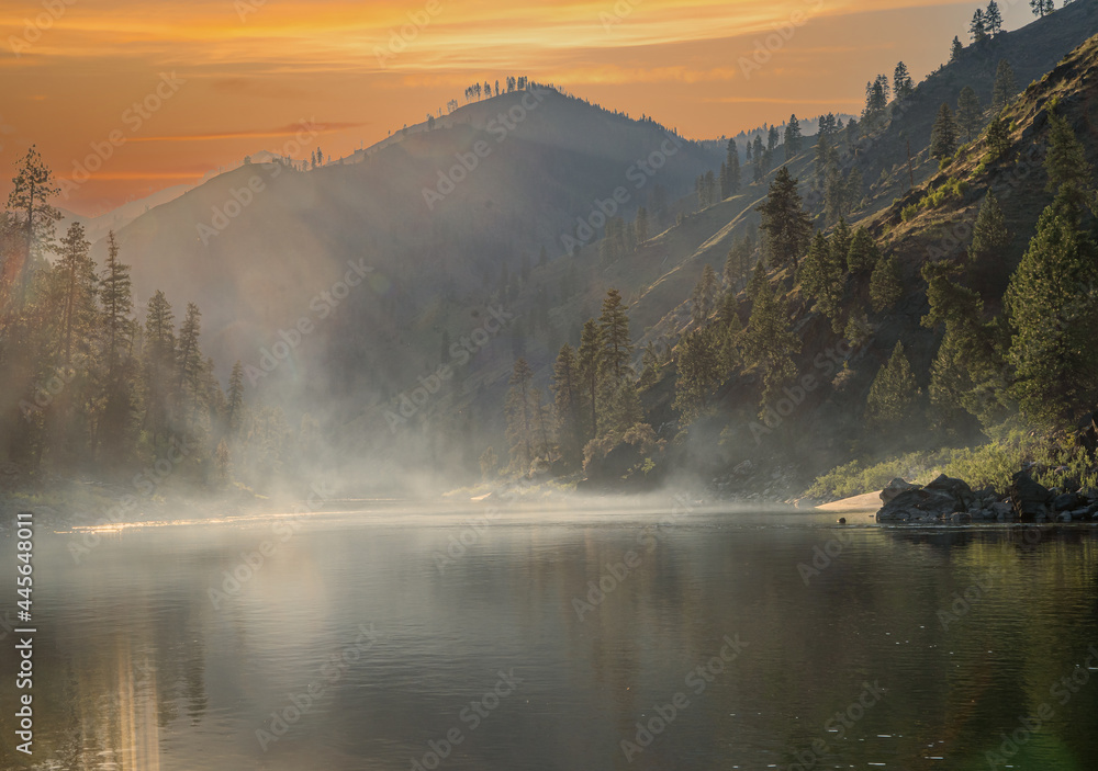 Sunset over the mountains and the salmon river in the  Frank Church River of no Return wilderness area in northern Idaho USA
