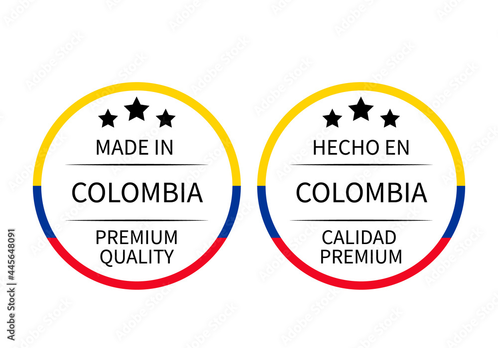 Made in Colombia round labels in English and in Spanish languages. Quality mark vector icon. Perfect for logo design, tags, badges, stickers, emblem, product package Made in Colombia round labels in English and in Spanish languages. Quality mark vector icon. Perfect for logo design, tags, badges, stickers, emblem, product package