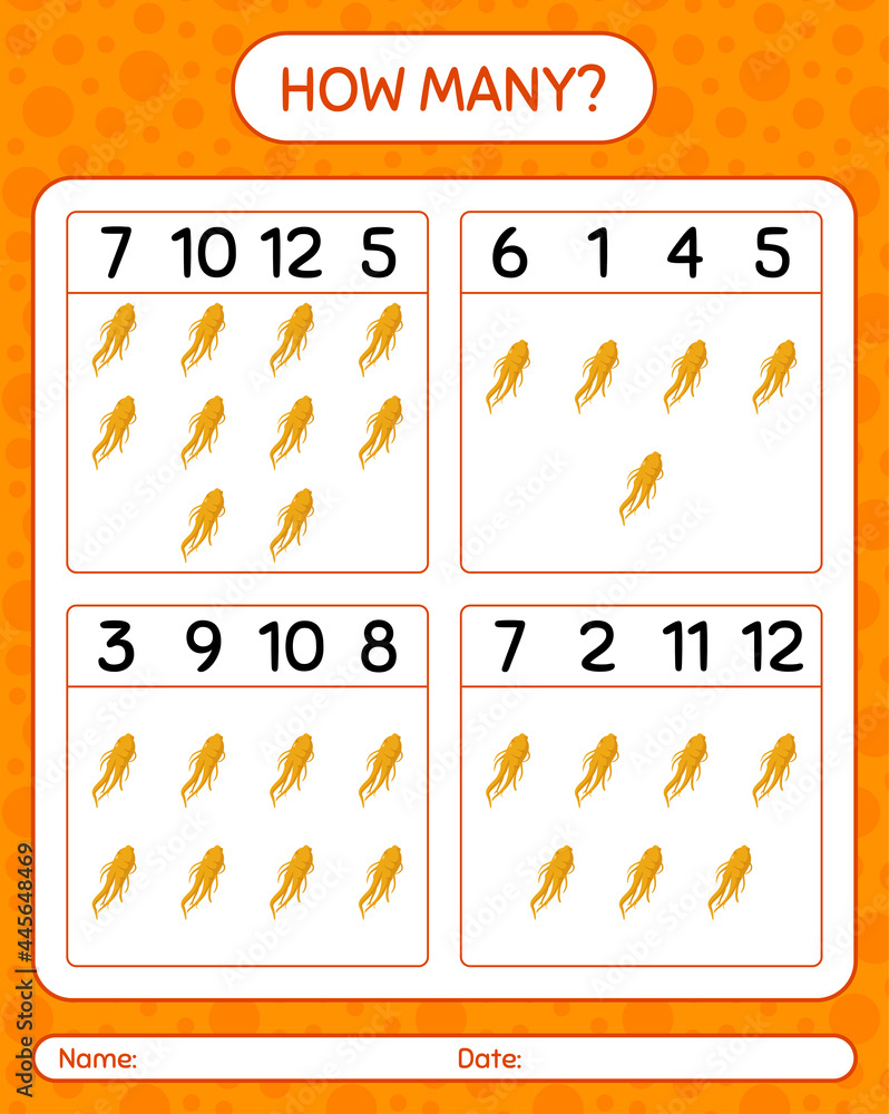 Fototapeta premium How many counting game with ginseng. worksheet for preschool kids, kids activity sheet, printable worksheet