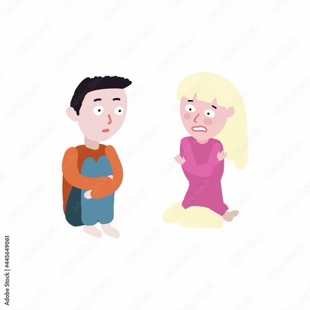 A boy and a girl are sitting opposite a friend and are afraid. Emotions of fear, numbness and fright. The children are scared. A boy and a girl are sitting opposite a friend and are afraid. Emotions of fear, numbness and fright. The children are scared.