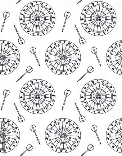 Vector seamless pattern of flat outline darts board isolated on white background