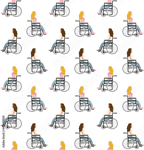 Vector seamless pattern of flat different woman girl sitting in invalid wheelchair isolated on white background