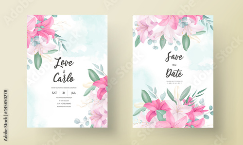 Beautiful wedding invitation card with elegant hand drawn lily flower © mariadeta