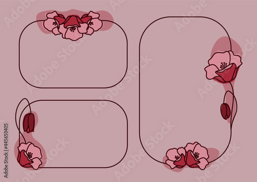 Ramki z wzorem kwiatowym w prostym minimalistycznym stylu w odcieniach różu. Szablon do zastosowania jako zaproszenia ślubne, życzenia, planer, tło dla social media stories. Ilustracja wektorowa.