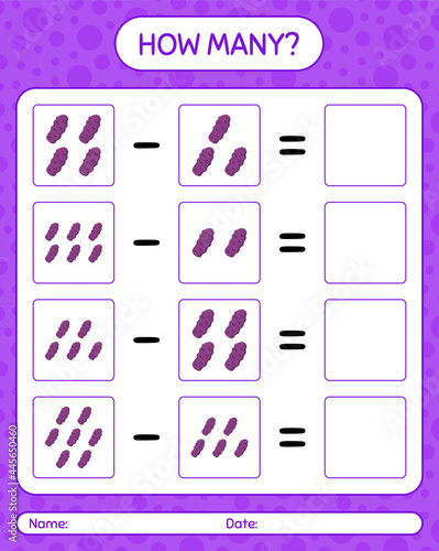 How many counting game with purple taewa. worksheet for preschool kids, kids activity sheet, printable worksheet photo