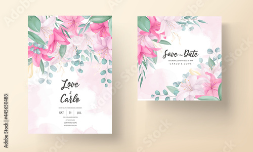 Beautiful wedding invitation card with elegant hand drawn lily flower © mariadeta
