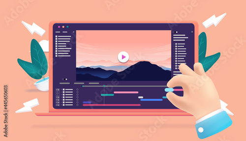 Video editing software - Vector illustration of person hand working on computer with film edit. professional videographer concept photo