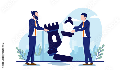 Colleague competition - Two businessmen in rivalry holding chess pieces. Business strategy and competition concept. Vector illustration with white background