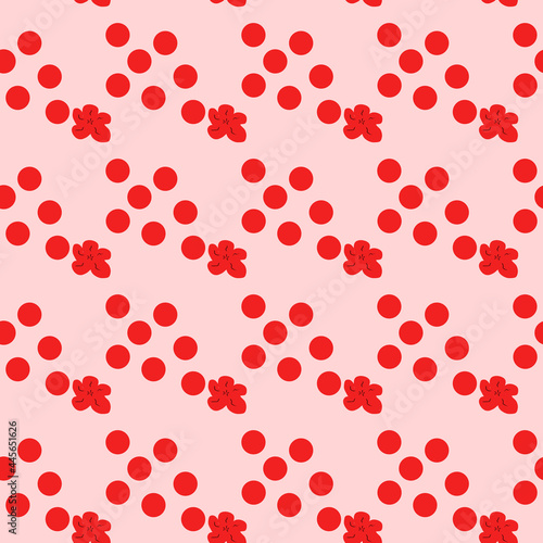 Vector seamless pattern with red flowers and dots. Background illustration, decorative design for fabric or paper. Ornament modern